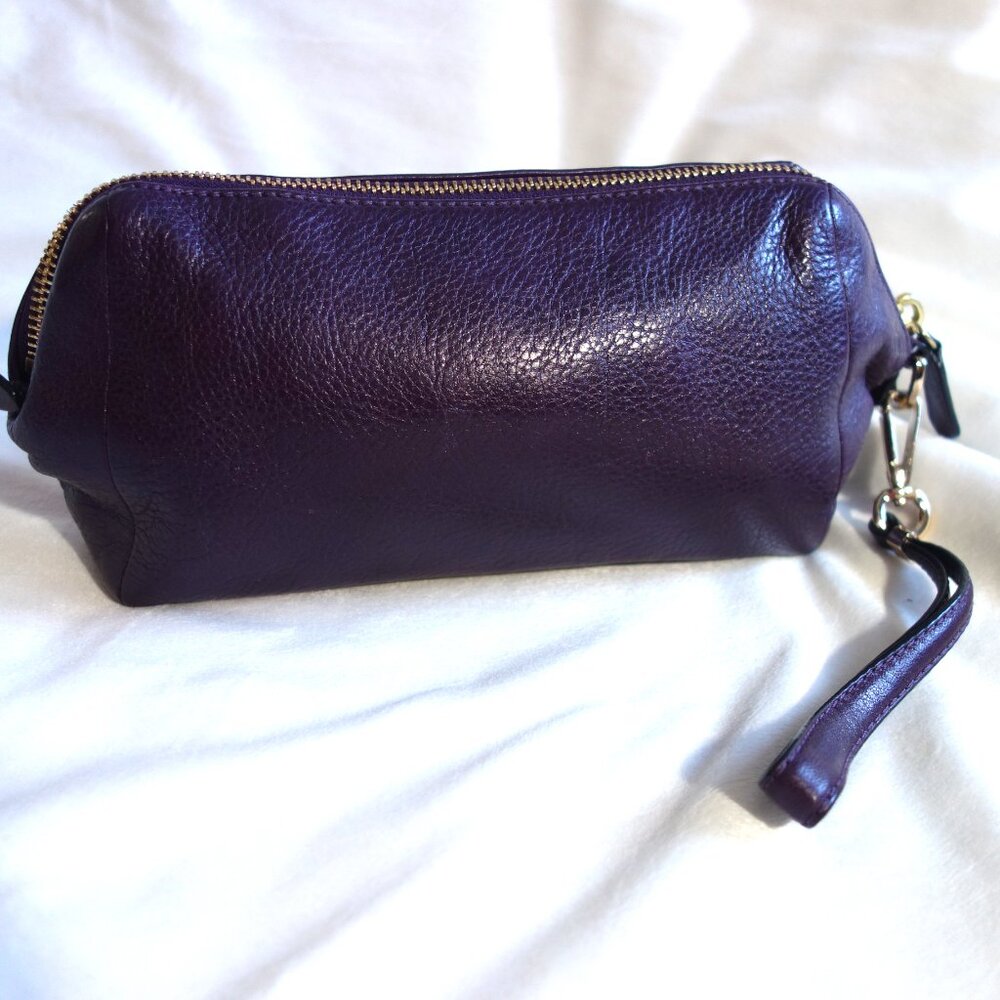COACH purple pebble leather zip pouch wristlet 10" x 5" satin lining travel case - Picture 4 of 9